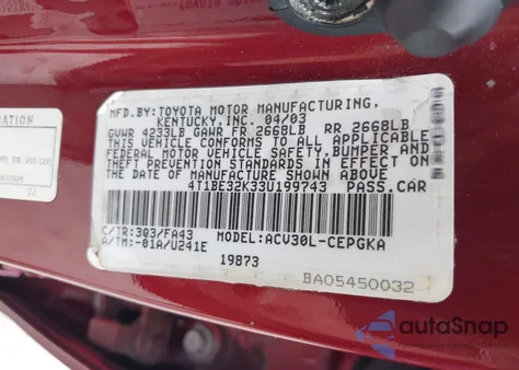 2003 Toyota Camry Xle z USA, uszkodzony, nr VIN 4T1BE32K33U199743